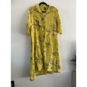 Venti6 Made in Italy Linen Floral Shirt Dress Midi Yellow Large Lagenlook Artsy